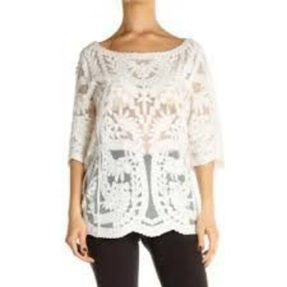 Laundry by Shelli Segal White Lace Embroidered Mesg Top Sz L - Picture 1 of 10